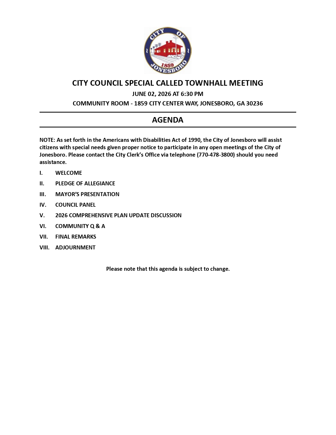 CITY COUNCIL SPECIAL CALLED TOWNHALL MEETING AGENDA